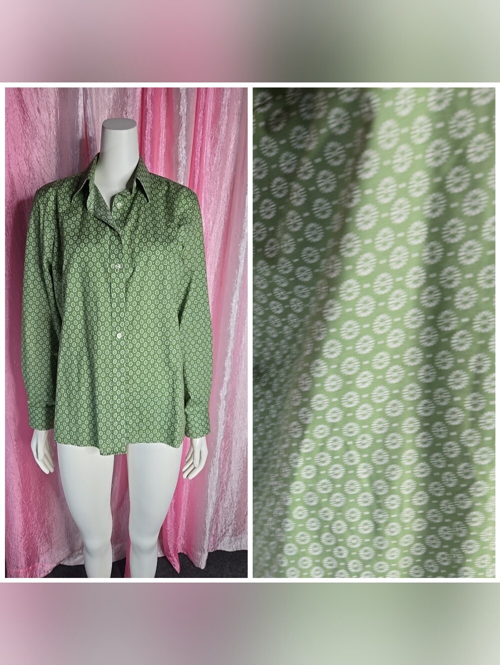 Lands End Green Geometric Print Button-Up Classic Workwear Blouse Size 12